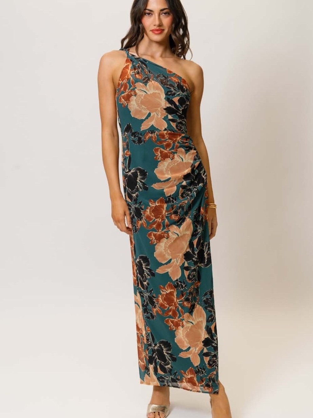 One-Shoulder Teal Floral Maxi Dress - Elegant Women’s Evening Dress